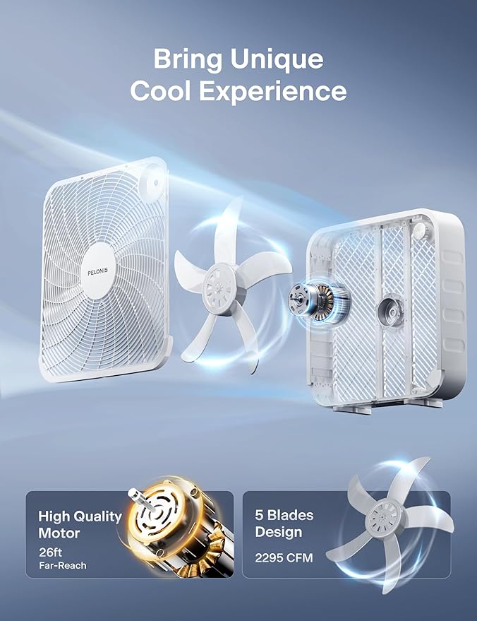 PELONIS 20 Inch Box Fan – 3 Speeds, Window Fans, Floor or Tabletop, 25ft/s, 2025 Upgraded, Superior Air Throw (2295 CFM), Lightweight, 5 Blades, Fans for Bedroom, Office, Living Room, Garage