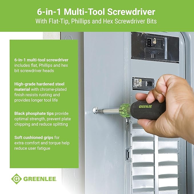 Greenlee 0153-42C 6-in-1 Multi-Tool Screwdriver with Flat-Tip, Phillips, and Hex Bits