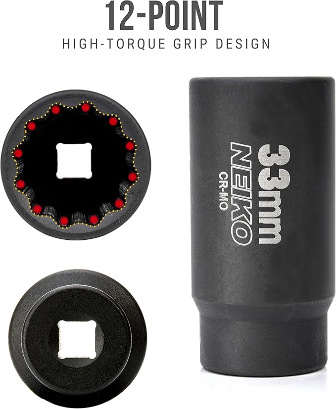 NEIKO 02524A 33mm Socket | 1/2” Drive Deep Impact Socket | Spindle & Axle Nut Socket | 12 Point |Chrome Molybdenum Cr-Mo |Deep Well Hub | Triple Square | Axle Shaft Nut Remover