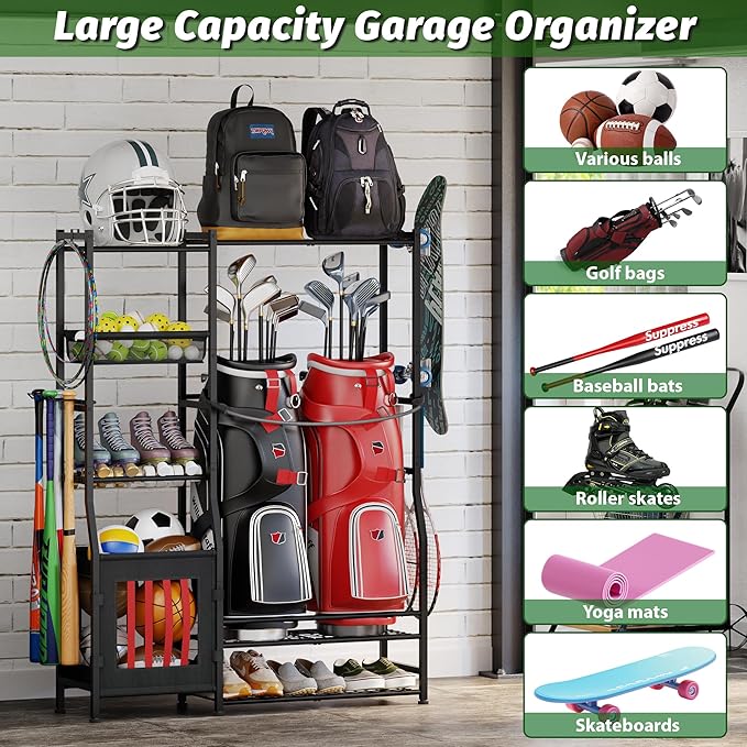 Sports Equipment Organizer Garage Organization , Golf Bag Storage Rack, Organizer for 2 Golf Bag , Indoor/Outdoor Ball Storage Bins for Toy Sports Gear Storage, Ideal for Home, Garage, Club, Basement