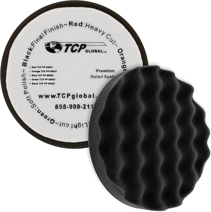 TCP Global 6.5" Black Waffle Foam Buffing Pad Hook and Loop Backing - Final Finishing Pad for Polishing, Automotive, Marine, Truck, RV & Compound Cutting, Car Polishing Pads