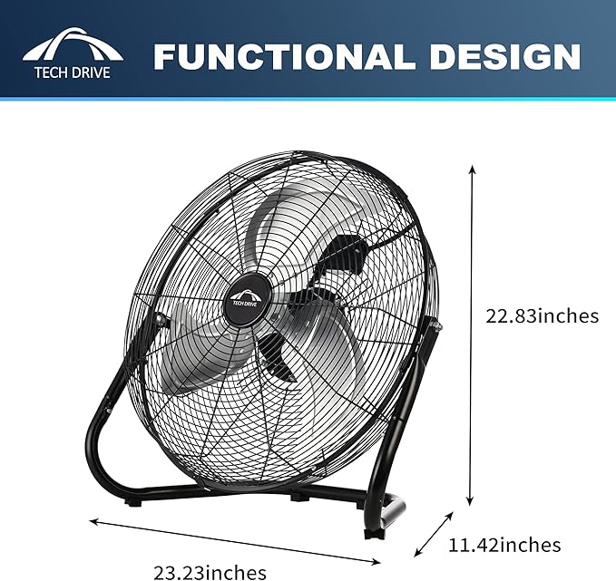 Tech Drive High Velocity Floor Fan, 20 inch Heavy Duty Metal Industrial Fans,3 Powerful Speed,360° Adjustable Tilting and All Metal Construction, Black