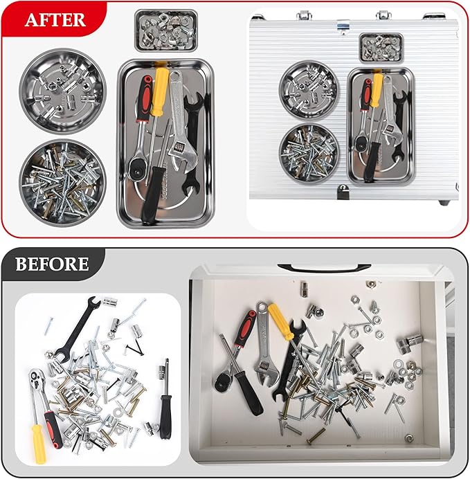 TOOLEAGUE 4Pcs Magnetic Tray Set with 15Lb Magnetic Pickup Pen,Stainless Steel Trays with Extra Strong Magnets for Organizing and Retrieving Metal Parts