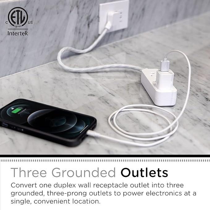 Cordinate Designer Mini 3-Outlet Power Strip, 18 in Braided Extension Cord, Grounded Adapter, Low-Profile Flat Plug, ETL Listed, White/Gray, 47297