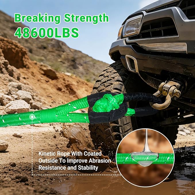 Kinetic Recovery Rope 7/8" x 30ft,48600lbs Breaking Strength Kinetic Tow Rope,Heavy Duty Recovery Rope with 2pcs Soft Recovery Shackles for Off-Road,Trucks,Jeep,SUV, ATV, UTV,Tractor
