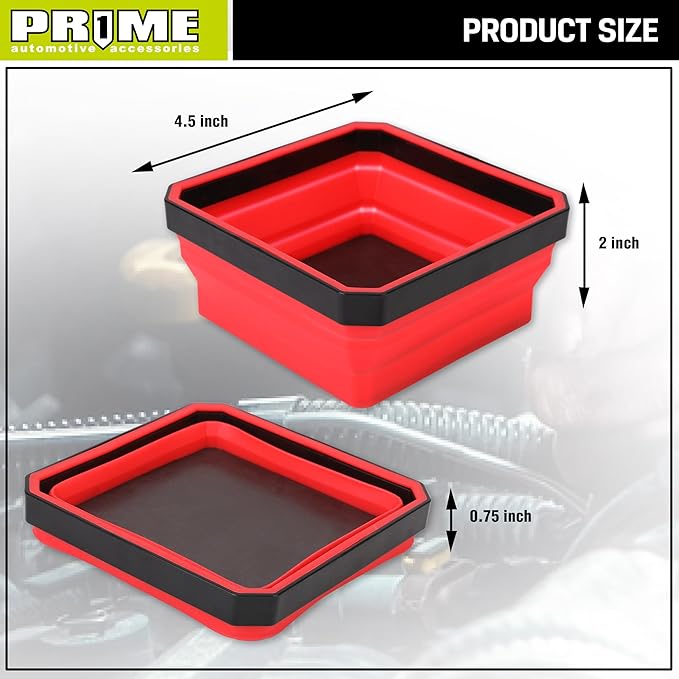 PR1ME Collapsible Magnetic Parts Tray Set, Foldable Magnetic Tray, 3 Pieces 4.25 inch Square Silicone Bowls with Magnetic Base Stores and Organizes Small Parts and Tools