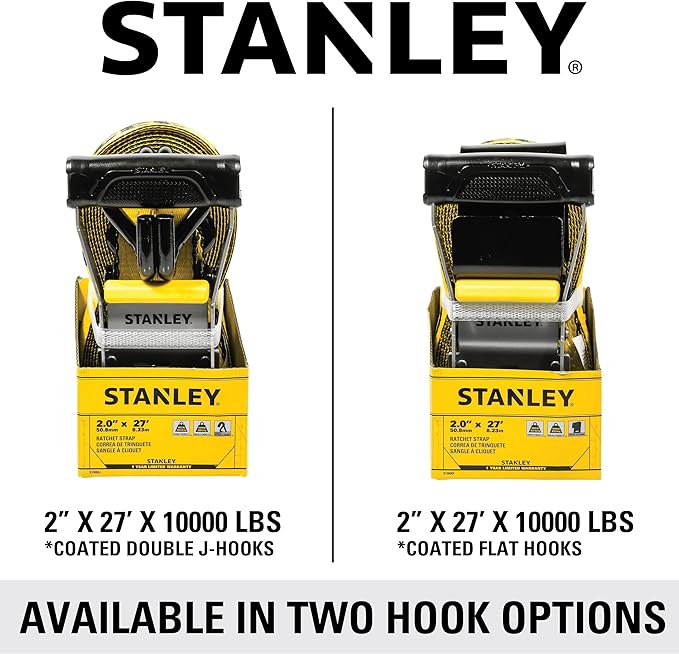 STANLEY S10000F Black/Yellow 2" x 27' Ratchet Strap with Flat Hooks - 3,333 LBS Safe Working Load / 10,000 LBS Break Strength