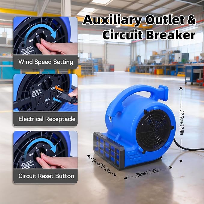 BEYOND BREEZE 1/4 HP 1000 CFM Air Mover Blower Fan, Heavy-Duty Floor Blower with 3 Speeds & 4 Adjustable Angles, Built-in Dual AC Outlets, Carpet Drying, Workshop Ventilation, Commercial Use