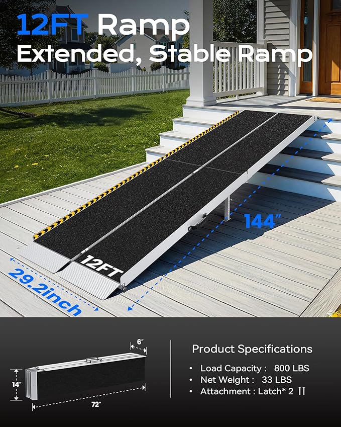 Wheelchair Ramp 12FT with Support Legs, Non-Skid Aluminum Ramps for Wheelchairs for Home Steps, 800 LBS Capacity Handicap Ramp for Doorway, Threshold,Front Porch, Entry, Stairs