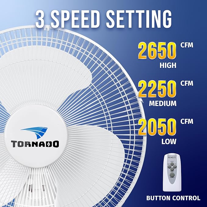 Tornado 2 Pack 16 Inch Wall Mounted Fan for Home, 90°Oscillating, Remote Control, 3 Speed 2650 CFM 6 FT Cord UL Safety Listed