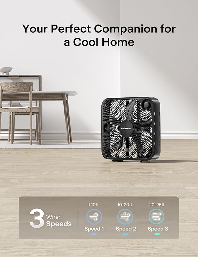 PELONIS 20 Inch Box Fan – 3 Speeds, Window Fans, Floor or Tabletop, 25ft/s, 2025 Upgraded, Superior Air Throw (2295 CFM), Lightweight, 5 Blades, Fans for Bedroom, Office, Living Room, Garage