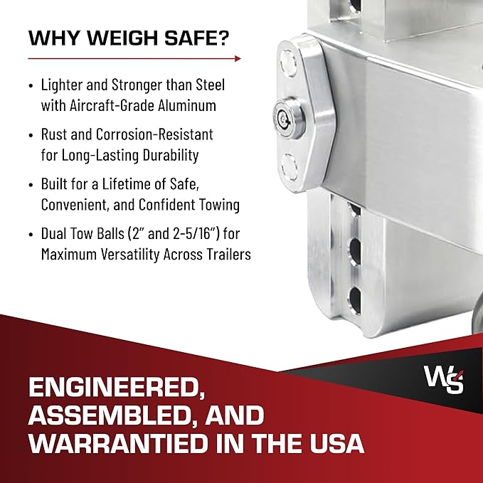 Weigh Safe Adjustable Trailer Hitch Ball Mount, 10" Adjustable Drop Hitch for 2" Receiver w/ 2 pc Keyed Alike Lock Set, Heavy Duty Aluminum Trailer Tow Hitch w/Stainless Steel Tow Balls, 12,500 GTW