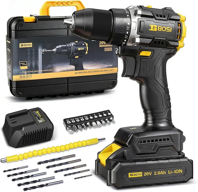 BOSI 20V Cordless Drill Driver Kit with Brushless Motor, 90Nm Max Torque, 2.0Ah Battery & Fast Charger, 20+1 Speed Control for Concrete/Metal/Wood, Electric Drill for Construction & DIY