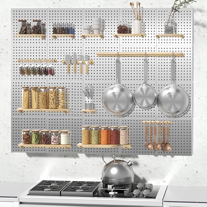 FZK Peg Board, 4 Pack Metal Pegboard Kit,Silver Pegboard Wall Organizer with 32 Pcs Hooks, Peg Board for Walls Home, Garage Tool Storage, Office Organization, Kitchen, Craft Room