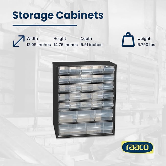 Raaco Steel Storage Cabinet, Standard 30-Drawer, Clear Polypropylene Plastic Drawer – Small Parts Organizer, Screws, Nuts & Bolts, Crafts & Hardware – Tool Cabinet for Workbench & Wall Storage (C9-30)
