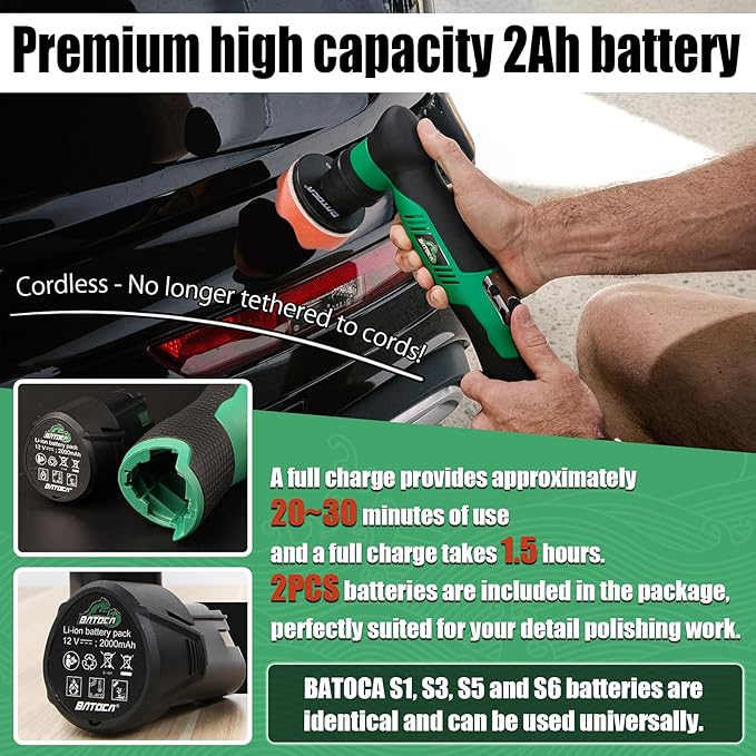 BATOCA S5 Cordless Car Buffer Polisher Sander Dual Action & Rotary Polishing Machine 1/2/3 Inch Polishing Pads for Car Detailing,6 Variable Speeds 2000-5500RPM,Mini Polisher for Car Motorcycle Polish