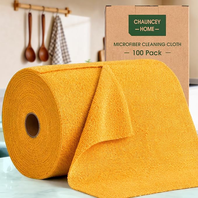 Microfiber Cleaning Cloth Roll–100 Pack, Tear Away Microfiber Towels, Reusable, Washable, Scratch-Free, Kitchen Towels for Car, Home, Kitchen, Glass, Dishes(Tangerine Yellow)