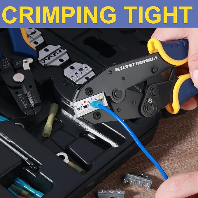 haisstronica 8PCS Crimping Tool Set - Ratchet Wire Crimping Tool for Heat Shrink,Insulated Nylon,Non-Insulated,Ferrule Wire End,Open Barrel Terminals,Solar Connectors