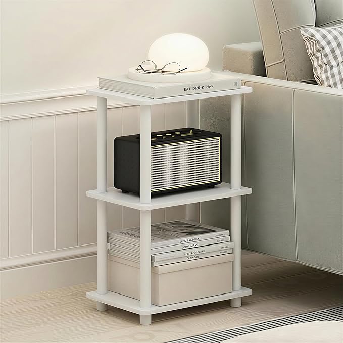 Furinno Turn-N-Tube Storage Shelves, 3-Tier Open Frame Book Shelf, Standing Corner Shelf, Toolless Assembly, Open Shelves, for Organization and Storage, Living Room, Garage, Home Office, White