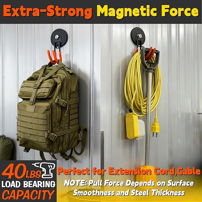 ULIBERMAGNET New Upgraded Ultra-Strong Magnetic Hooks,2 Pack Heavy Duty Ultimate Magnetic Hooks with 40LB Hold for Extension Cord, Hose, Rope, D-Handle Tools, Garden Tools (Orange/3.46inch)