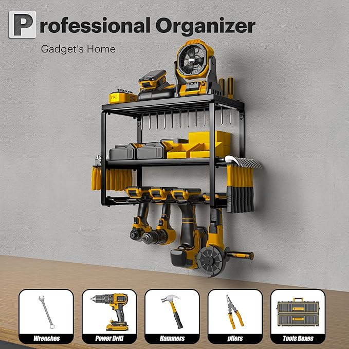 Spampur Power Tool Organizer Wall Mount, 3 Layers Storage Rack with 4 Drill Holders, Garage Storage Rack for Handheld, Metal Tool Shelf Utility Rack for Cordless Power Tools, Suitable for Giving men