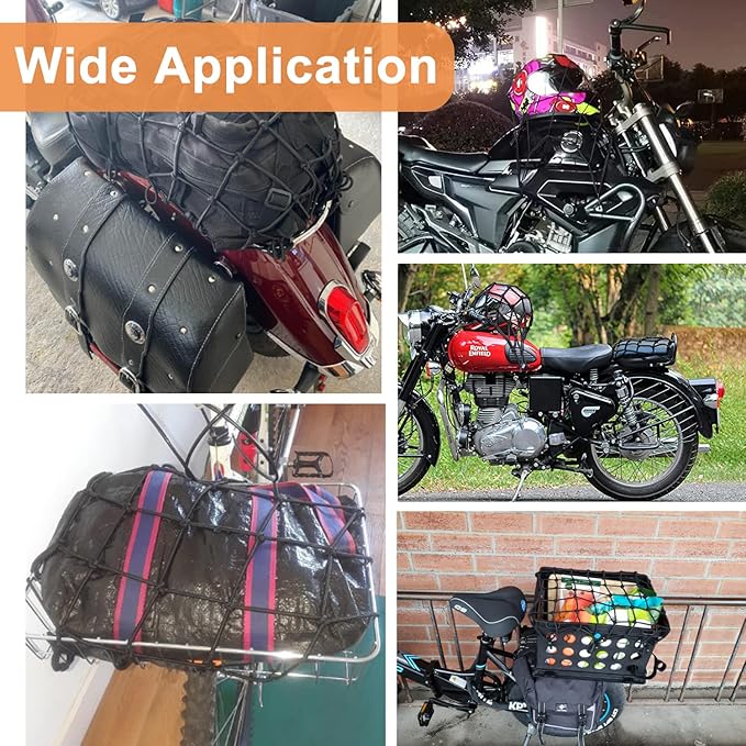 2-Pack Bungee Net Motorcycle Cargo Net, 12" x 12" Small Cargo Net Stretch to 24" with 6 Adjustable Hooks Bike Bungee Cord Net