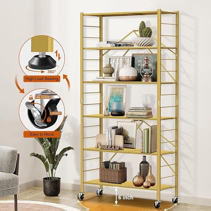 Himix 6 Tier Foldable Storage Shelves, Expandable Folding Bookshelf with Wheels, Changeable into 2 Shelf Units, Collapsible Adjustable Storage Rack Metal Shelves for Garage Kitchen, Basement, Gold