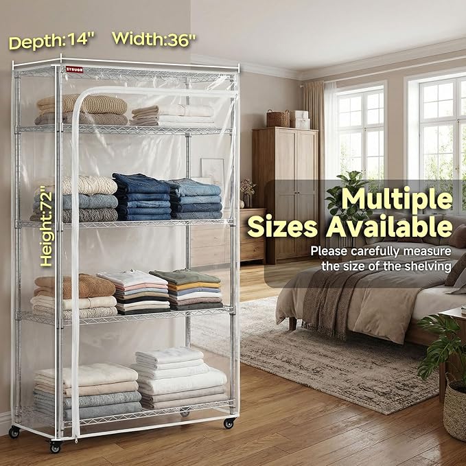 Clear Wire Shelving Cover, 36" W x 14" D x 72" H, 3-Way Opening with Dual Zippers, Heavy-Duty Clear PVC Shelf Cover for Home, Office & Garage