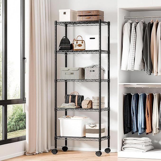 DUMOS 5 Tier Metal Shelving, Heavy Duty Shelves Wire Shelving Unit with Removable Wheel Casters, Shelves Organizer for Bathroom Garage Living Room Kitchen Pantry Laundry Black