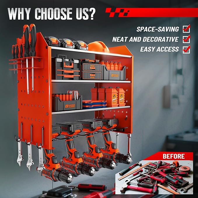 Power Tool Organizer Wall Mount, Garage Tool Organizer with 4 Drill Holders for Cordless Tools.Heavy Duty Drill Holder Wall Mount with Hooks.Red