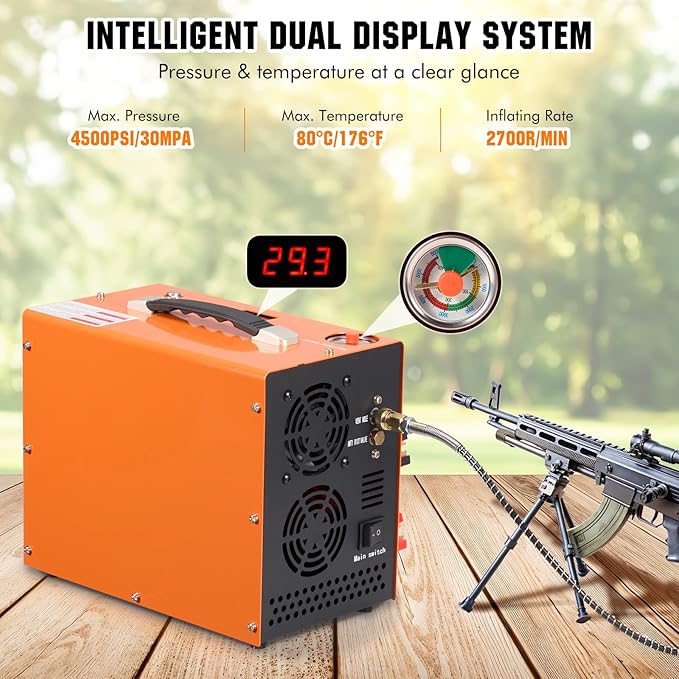 PCP Air Compressor with Atuo Shut-Off, Portable 4500Psi/30Mpa, Water/Oil-Free, One Button Start, Bursting Disc, 12V DC/120V AC PCP Airgun Compressor, Rifle/Pistol and Paintball Tank Air Pump (Orange)