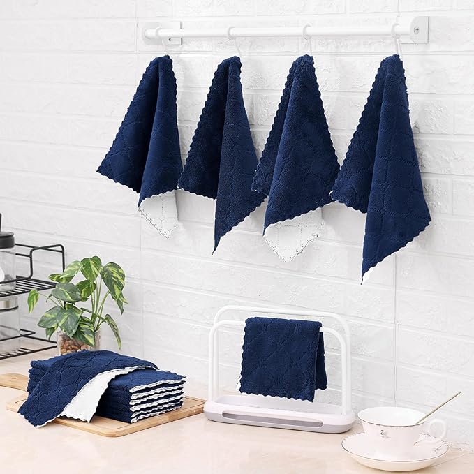 Mordimy 18 Pack Kitchen Cloths Dish Towels (10" x 10", Navy Blue & White), Super Soft and Absorbent Dish Cloths, Coral Velvet Microfiber Cleaning Cloth, Nonstick Oil Fast Dry Dishcloths