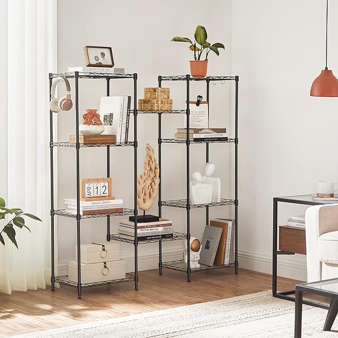 SONGMICS 5-Tier Storage Shelves, Wire Shelving Unit, Kitchen Metal Shelves, Storage Rack with Adjustable Shelves, Shelf Liners, 8 Hooks, for Garage, 11.8 x 15.7 x 47.6 Inches, Black ULGR115B01