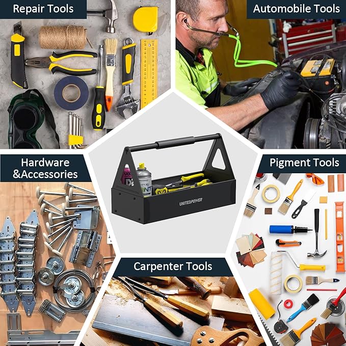 UNITEDPOWER Handy Tool Box, Portable Metal Tote Tray with comfortable grip handle, Tool Organization for Household, Warehouse, Repair Shop, Black