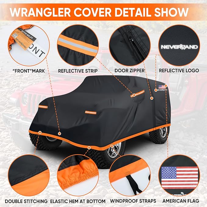 NEVERLAND Car Cover for Jeep Wrangler 4 Door Waterproof Car Covers, All Weather Protection Jeep Sun Rain Protection for Wrangler 4 Fits JK JL JLU JKU 2007-2025 Outdoor Covers (Black+Orange)