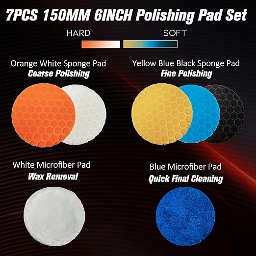 Buffing Polishing Pads 6 Inch - 7Pcs 150mm Face for 6 Inch 150mm Backing Plate, Car Compound Buffing Sponge Pads and Woolen Cutting Polish Pad Kit for Car Polishing and Waxing
