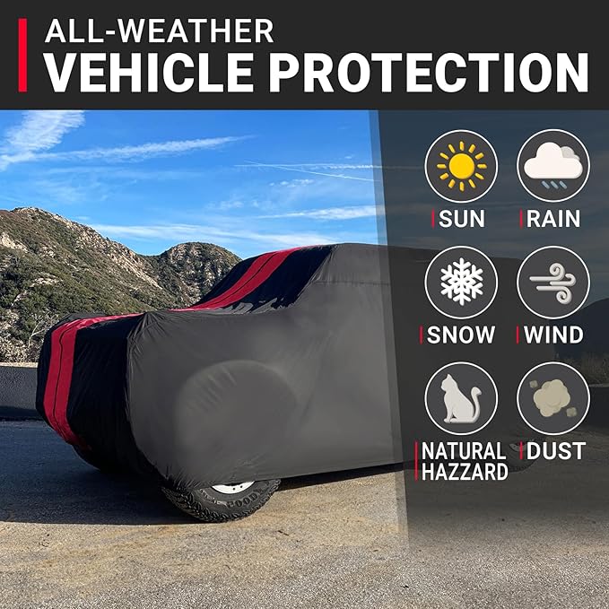iCarCover Custom SUV Cover for Mazda Mazda2 Hatchback (2011-2014) Waterproof All Weather Rain Snow UV Sun Protector Full Exterior Indoor Outdoor Car Cover (Stripe - Black/Red)