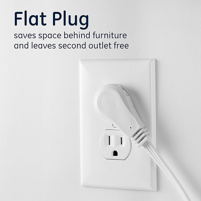 GE 3-Outlet Flat Extension Cord 8 Ft Grounded Extension Cord with Multiple Outlets 3 Prong Outlet Extender Flat Plug Power Strip Indoor 16 Gauge UL Listed 2 Pack White 57366