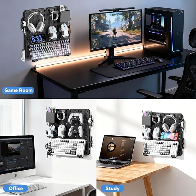 KDD Keyboard and Mouse Display Stand Holder, Wall Mount Office Organization Pegboard Combination Kit with Pen holder, Hooks, Headset & Controller Stand for Office & Home Hanging Organizer Storage