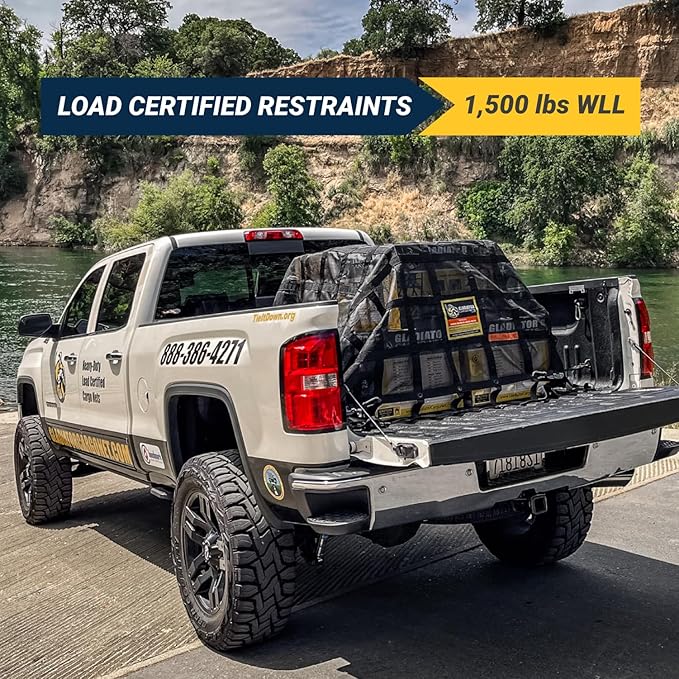 GLADIATOR CARGO NETS - Heavy Duty Cargo Net-(WLL): 1,500 lbs - TruckAccessory - Cargo Carrier - Truck Organizer -Truck Bed Cover-Trailer-Pickup-Boat-Jeep-SUV-5ft Bed (SGN-100) 4.75' x 6' ft.