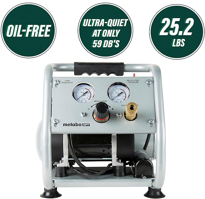 Metabo HPT Quiet Air Compressor, Portable 1 Gallon Oil-Free Air Compressor, Ultra-Quiet Operation at 59 dB, Universal Quick Coupler for Fast Tool Changes, Compact and Lightweight, EC28M