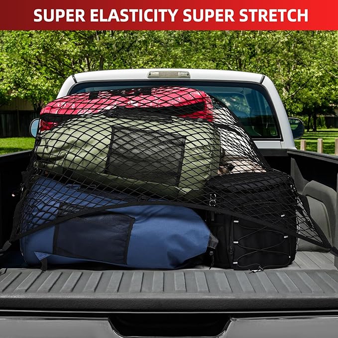 Cargo Net for Pickup Truck Bed - Heavy Duty Stretchable 4x4 to 8x8 Elastic Mesh with 8 Heavy-Duty Steel Hooks, Windproof Design Secures Loose Items for Trucks, SUVs, ATVs & Boats