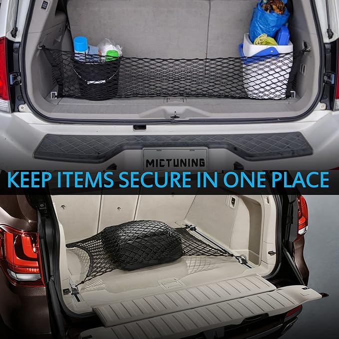 MICTUNING 2-Layer Heavy Duty SUV Truck Cargo Net, 44 x 15 Inch Universal Bed Net with Hooks, Adjustable Highly Elastic Storage Organizer Mesh Net Compatible for Pickup Truck SUV