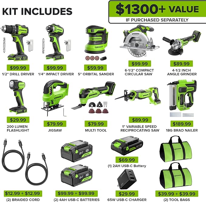 Greenworks 24V Brushless 10PC TOOL, Drill+Impact Driver+Circular Saw+Recip Saw+Jig Saw+Sander+Light+Multi-Tool+Nailer+Grinder (2) 4.0Ah+2.0Ah Batteries (24,000mAh PB) USB-C Charger, High Efficiency