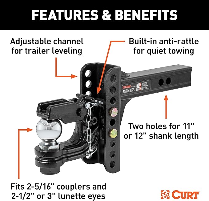 Curt Manufacturing 45907 Adjustable Trailer Hitch Mount 2-5/16" Ball Pintle Combo (fits 2" Receiver, 13,000 Lbs. Gtw, 6" Drop, 5-1/4" Rise)