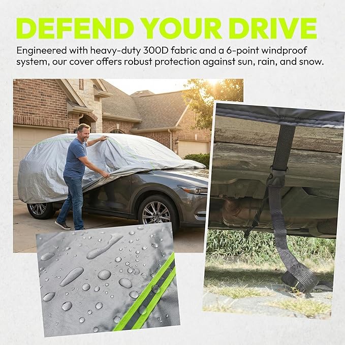 J&J Heavy Duty Car Cover,300D&Soft Lining,Driver&Trunk Zipper,Car Cover Waterproof All Weather,Sun UV Rain Snow Sand Protect Vehicle Painting,Car Covers for Automobiles, Outdoor (SUV/Jeep, Silver-D2)