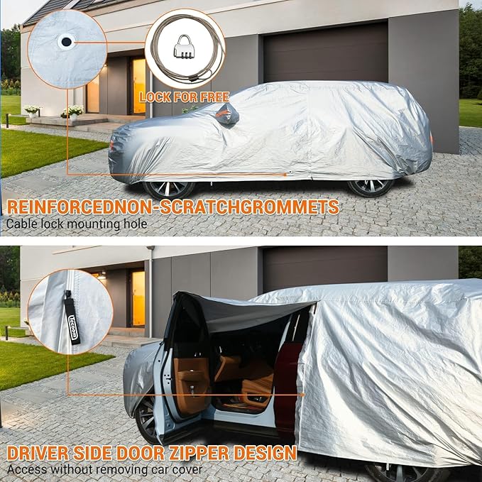 Tecoom Waterproof SUV Car Cover, Fleece Lined Outdoor Winter Cover with Zipper Door & Lock, Wind Snow Sun UV All Weather Protection, Fit for SUV (216"–230")