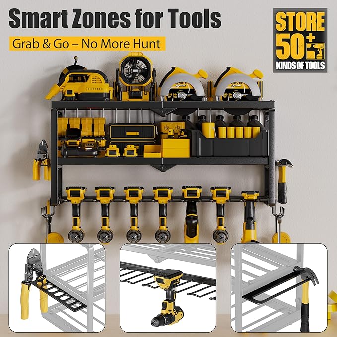 Power Tool Organizer Wall Mount, 7 Slots Cordless Drill Holder Storage Rack, Heavy Duty Battery Tools Holder with Shelf for Charging Station, for Garage Organization, Workshop