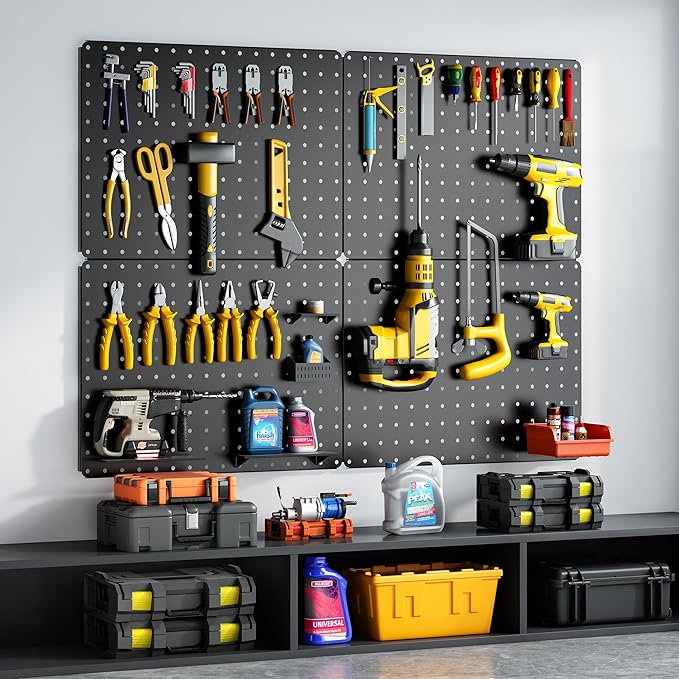 Peg Board, 110pcs Metal Pegboard Kit, Includes 4 Pack Black Peg Board Panels with Accessories and Hook Locks, Large Heavy Duty Peg Boards for Walls Home, Garage Tool Storage, Workbench