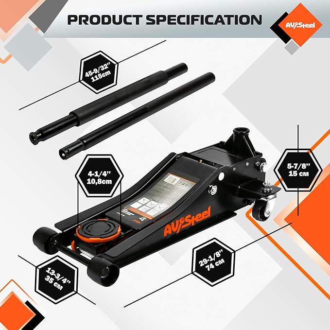AV Steel Low Profile Floor Jack 3 Ton (6600 lbs), Heavy Duty Hydraulic Jack for Car, Heavy-Duty Floor Jack with Dual Pistons Quick Lift Pump, Car Floor Jack with Lifting Range 3-1/8'' to 19-7/8''